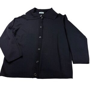 Margaret San Francisco Black Wool Blend Knit Button Collared Cardigan Sweater L